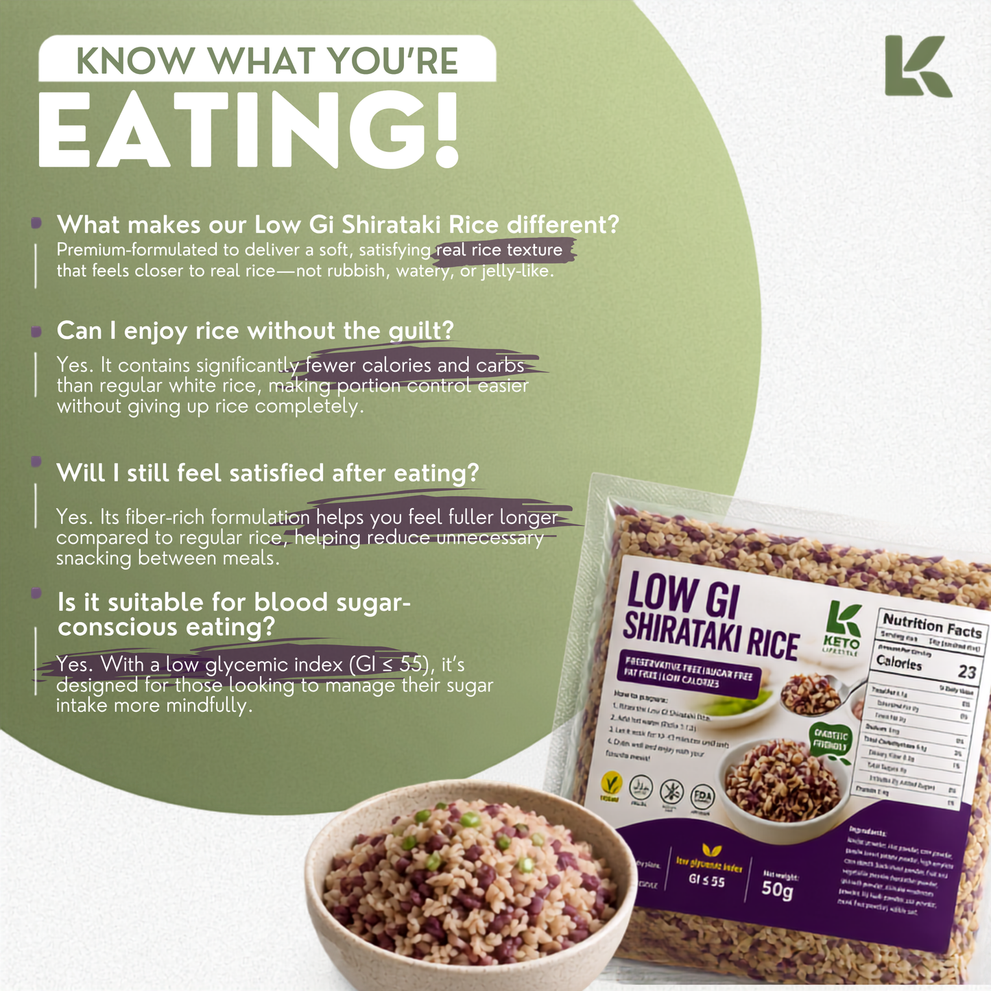 Low GI Shirataki Rice | Diabetic Friendly Rice Alternative | High Fiber | GI ≤ 55