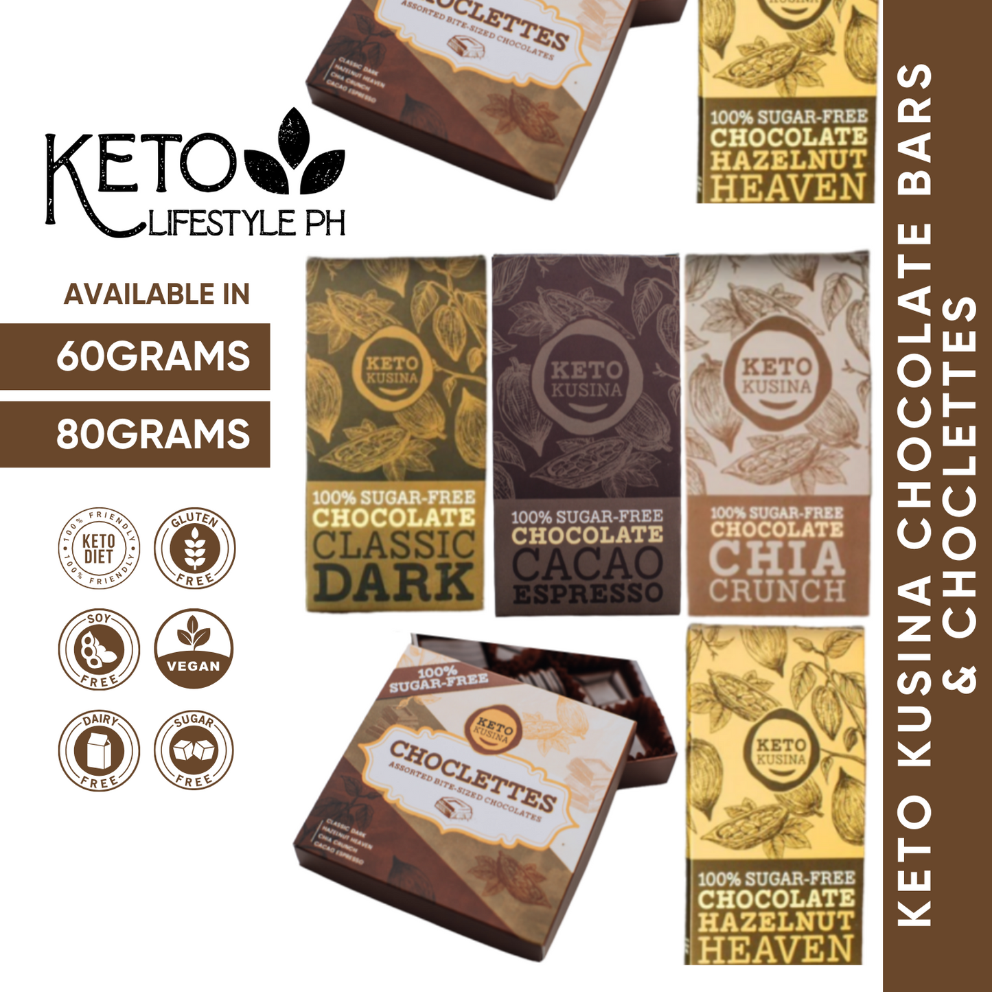 Keto Kusina Chocolate Bars & Choclettes (100% SUGAR-FREE/DIABETIC APPROVED/KETO APPROVED)