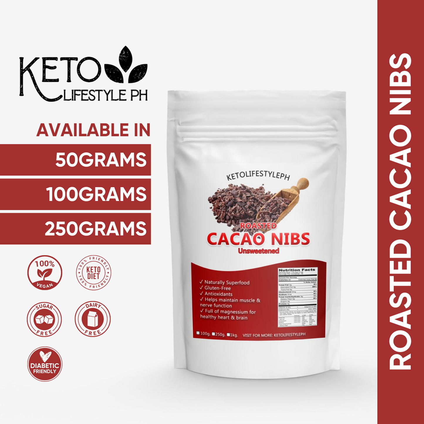 Roasted Cacao Nibs 100grams (Unsweetened/Keto Approved)