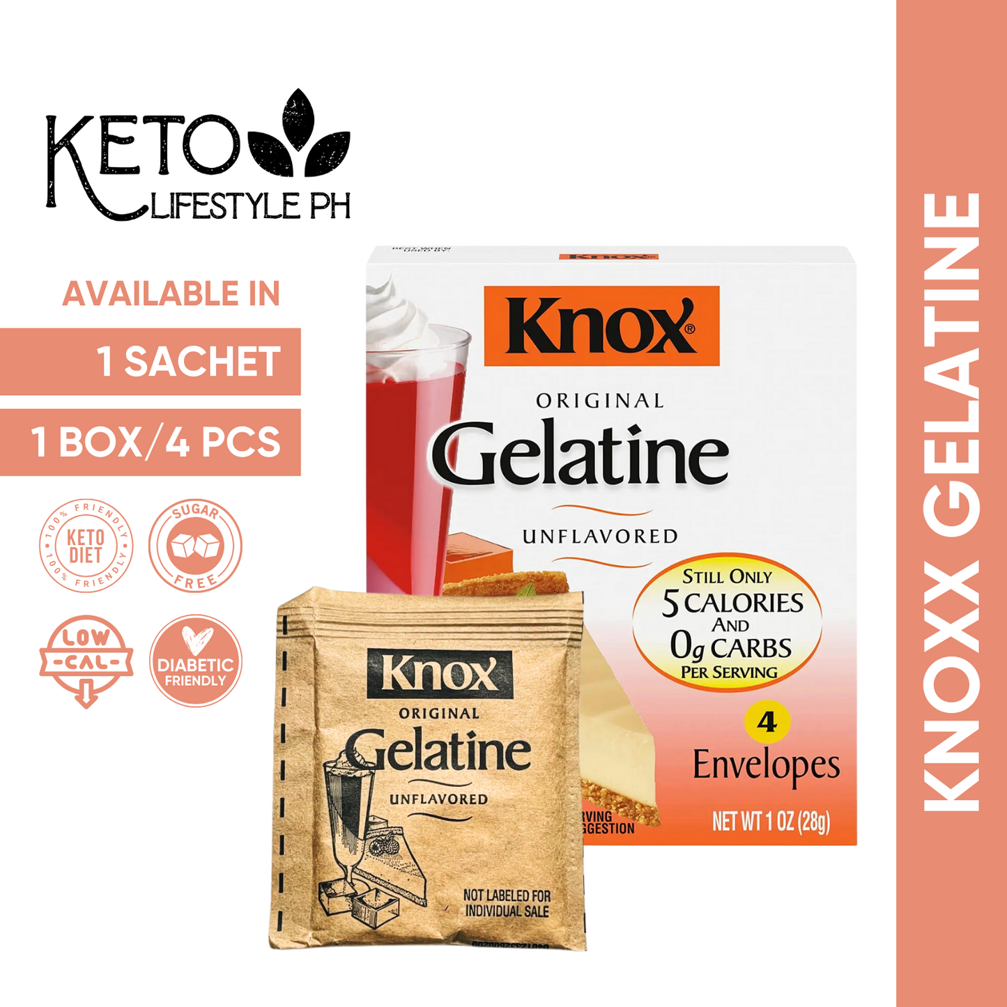 Knoxx Gelatine Unflavoured Per 1 Sachet (Keto Approved/0 Carbs/SUGAR-FREE)