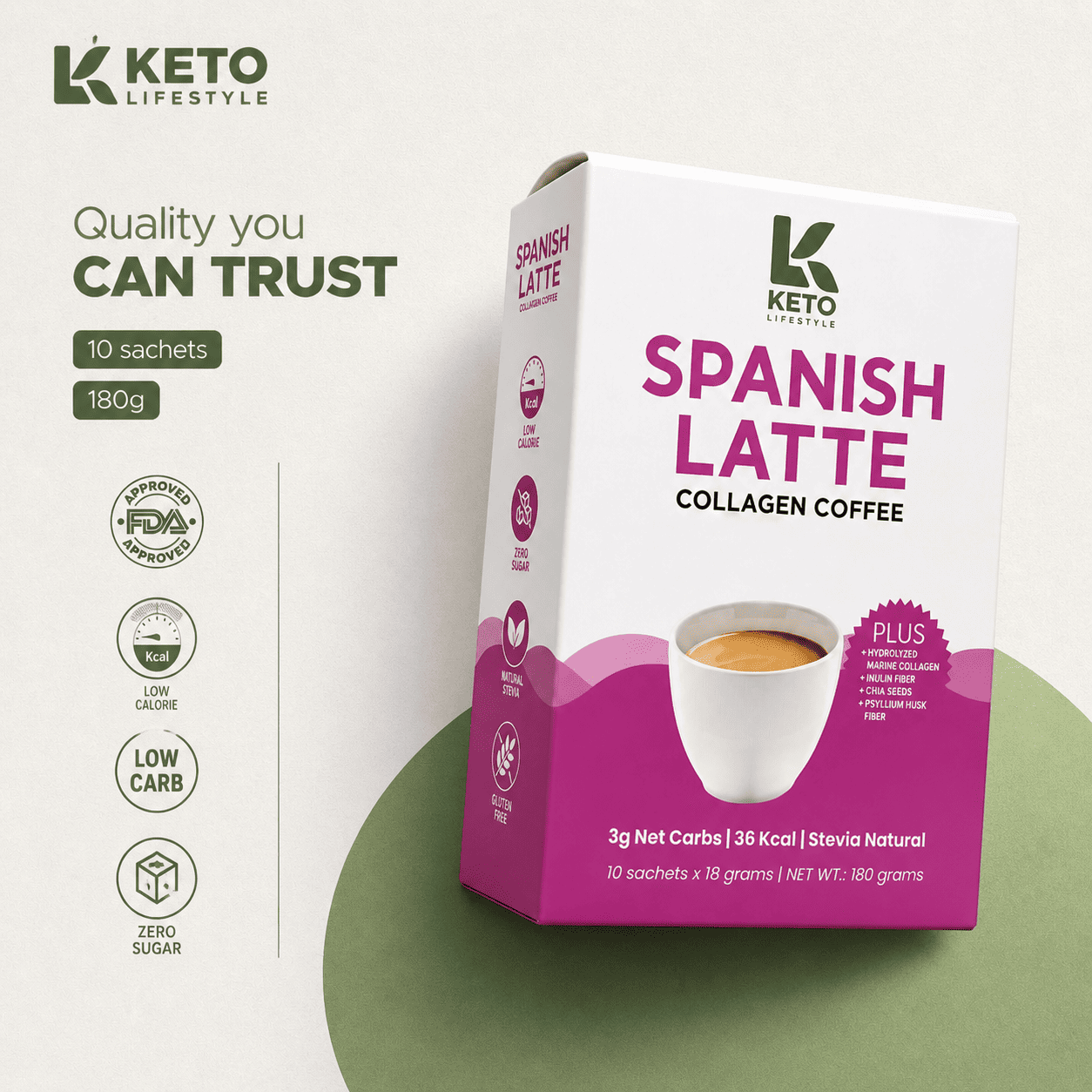 Keto Lifestyle Spanish Latte Collagen Coffee – Low Carb, Zero Sugar, 10 Sachets (180g)